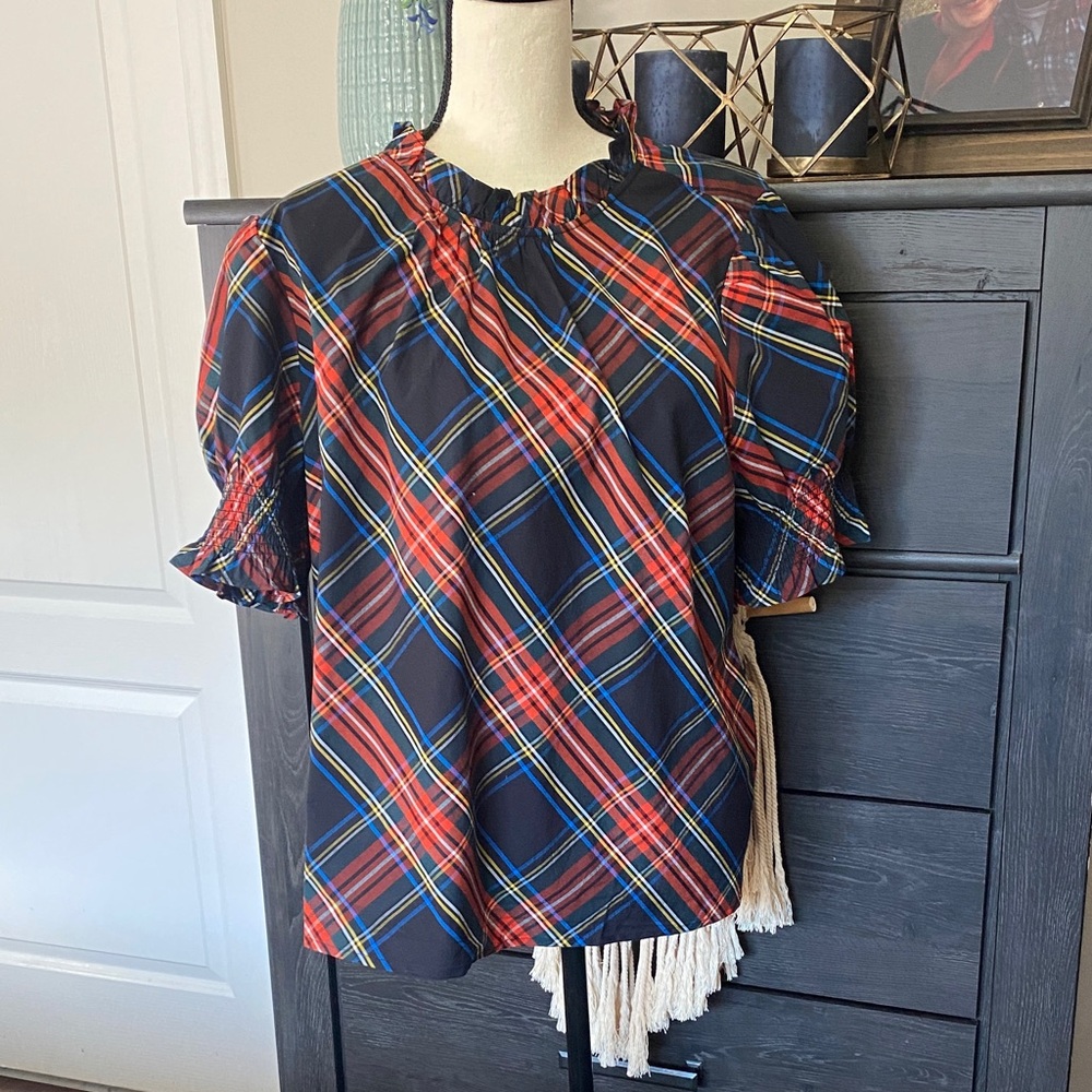 J. Crew Multicolor Plaid Blouse with Puff Sleeves